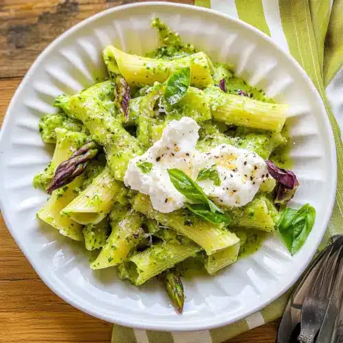 Spring Pasta with Leek & Pea Sauce with Fresh Burrata