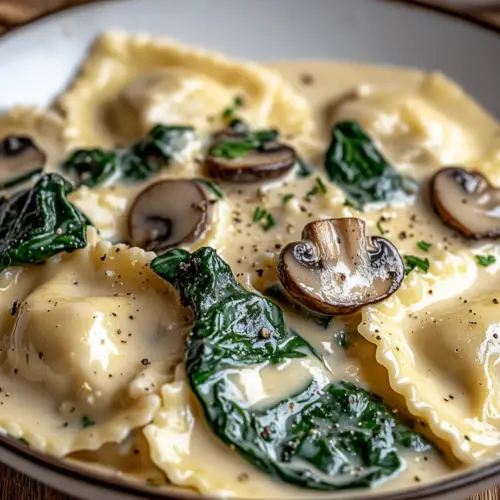 Spinach and Mushroom Alfredo Ravioli