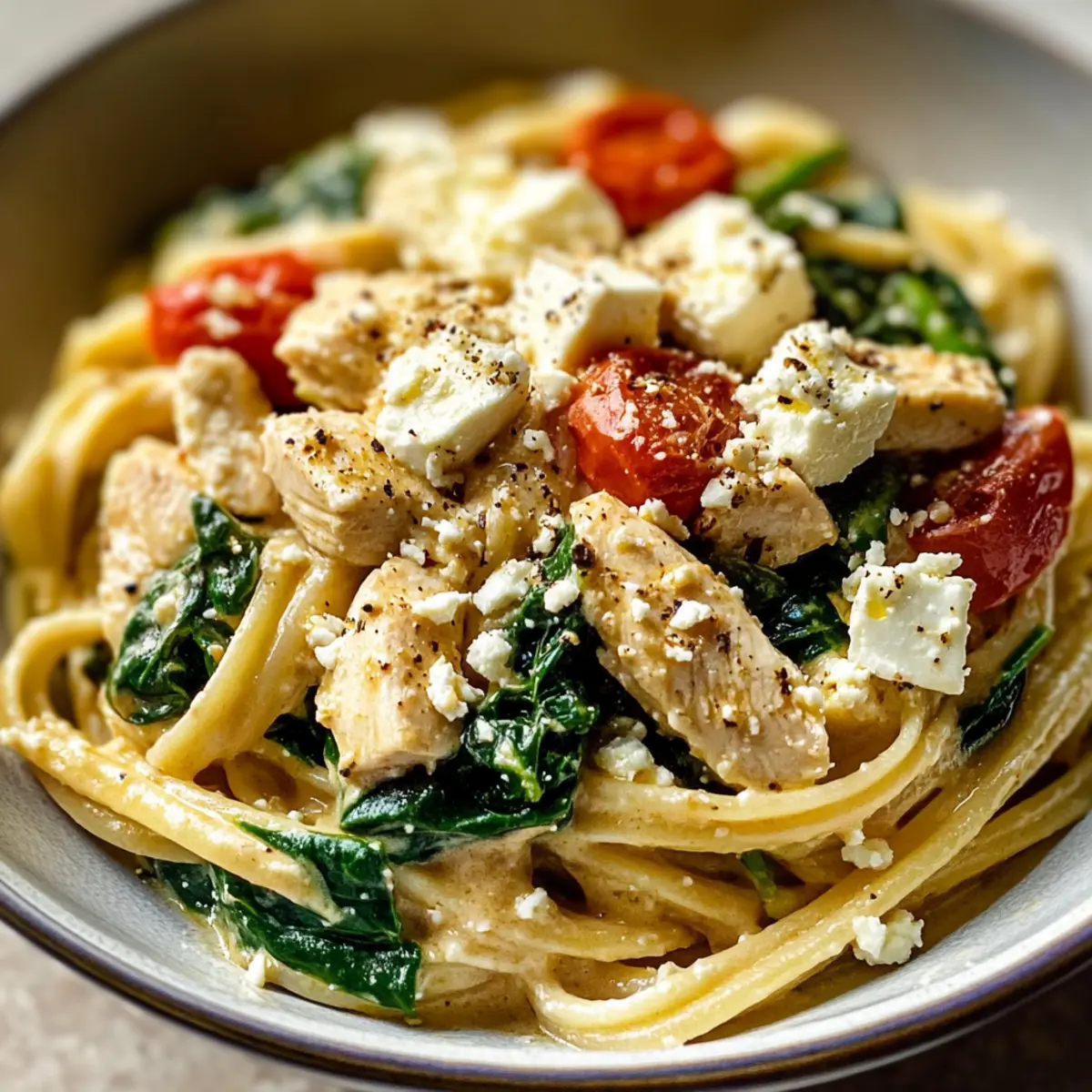 Creamy Chicken Feta Spinach Pasta Delight